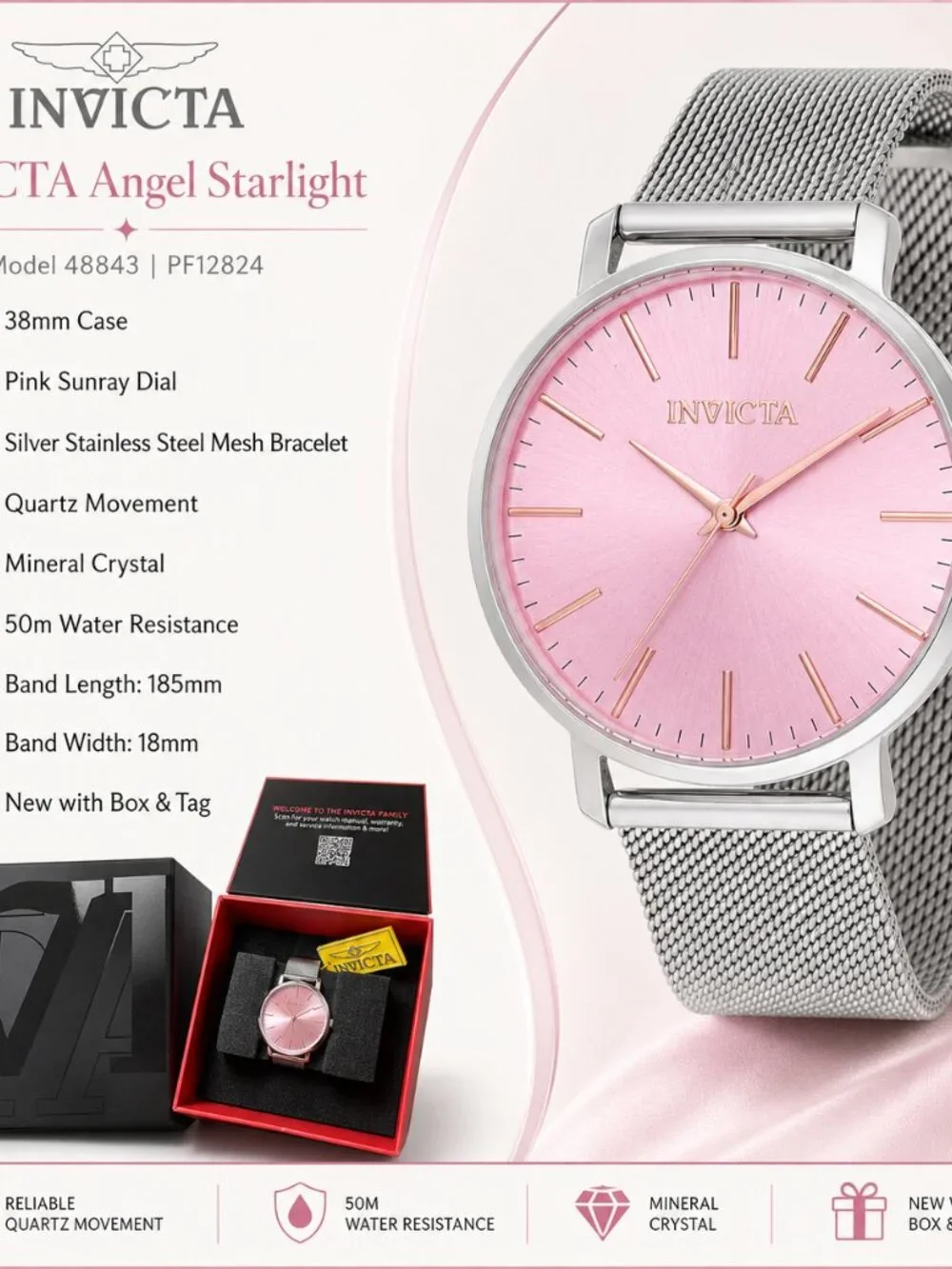 Invicta Angel Starlight 48843 Pink Dial Silver Mesh Watch 38mm NIB